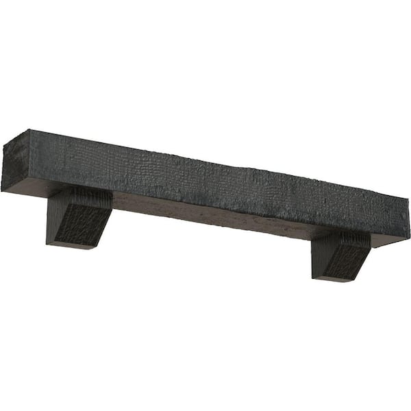 Ekena Millwork 6 in. x 10 in. x 7 ft. Rough Sawn Faux Wood Fireplace Mantel Kit with Ashford Corbels, Aged Ash