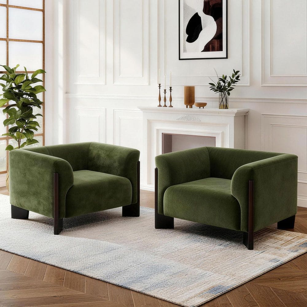 Uixe Minimalist Green Chenille Accent Arm Chair With Solid Wood