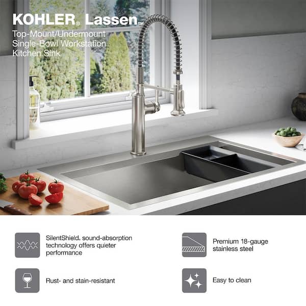 KOHLER Lassen 33 in. Drop-in/Undermount Single Bowl Stainless Steel Kitchen Sink Workstation with Faucet and Accessories