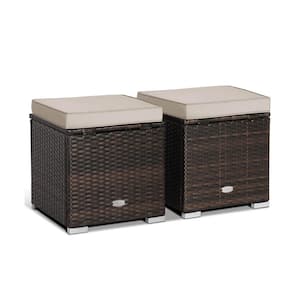 2-Pieces Brown Wicker Outdoor Ottoman with Brown Cushion