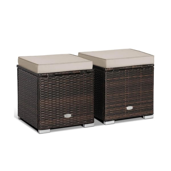 WELLFOR 2-Pieces Brown Wicker Outdoor Ottoman with Brown Cushion