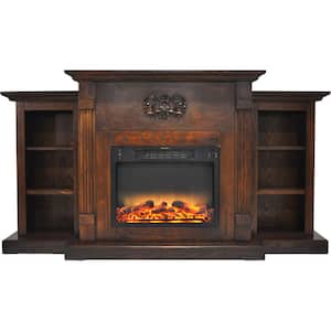 Classic 72 in. Electric Fireplace in Walnut with Built-in Bookshelves and an Enhanced Log Display
