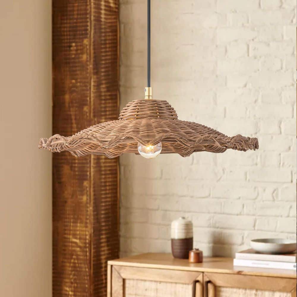 Genevieve 1-Light 16 in. Modern Brass Woven Rattan Pendant Light with Lotus Leaf Shade price history on PriceWatchPro
