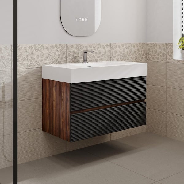 MEDUNJESS Aaby 36 in. W x 18 in. D Wall Mounted Floating Bath Vanity Cabinet in Black with White Solid Surface Top and Sink