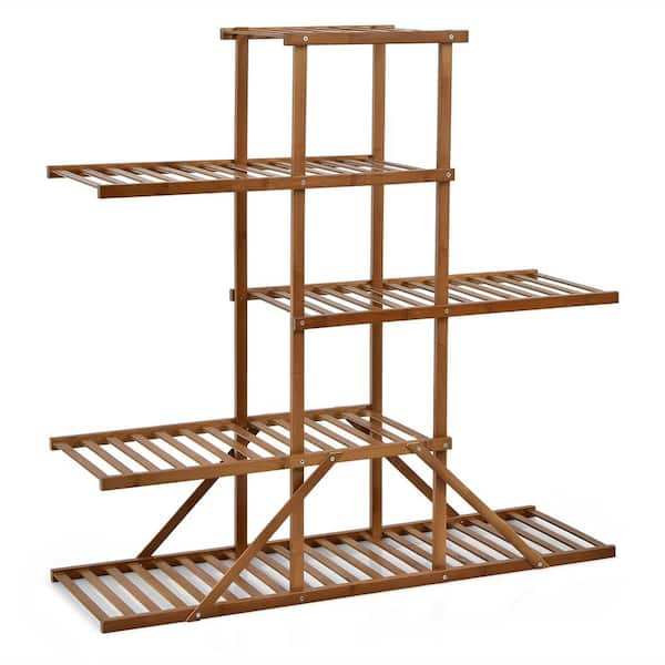 HONEY JOY 39 in. Tall Indoor/Outdoor Brown Wood Plant Stand Multiple Utility Shelf Free Standing 5-Tiers