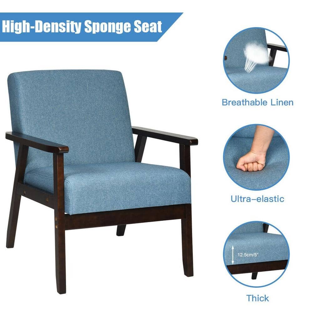 Blue Linen and Rubber Wood Mid-Century Modern Accent Chair