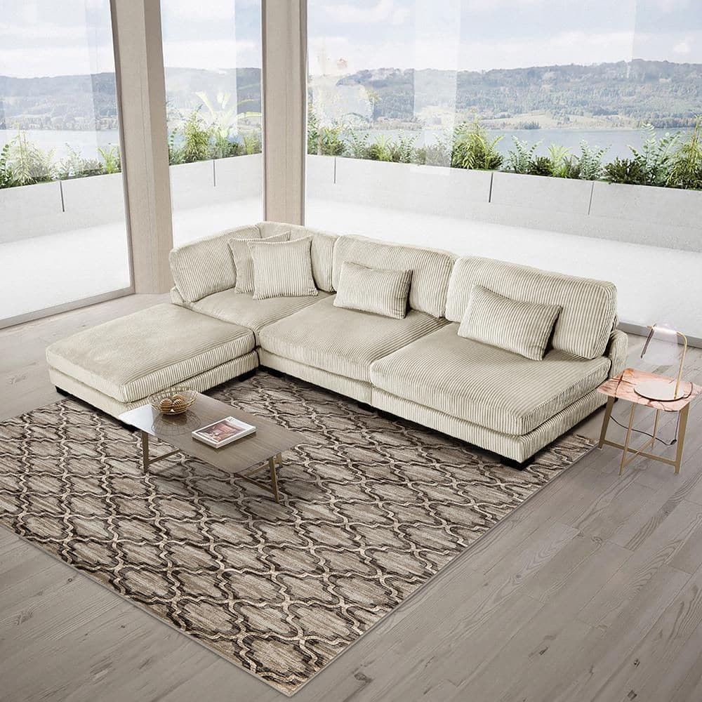 Turbo 135 in. Pillow Top Arm 4-Piece Corduroy Fabric Modular Sectional Sofa in Beige with Ottoman
