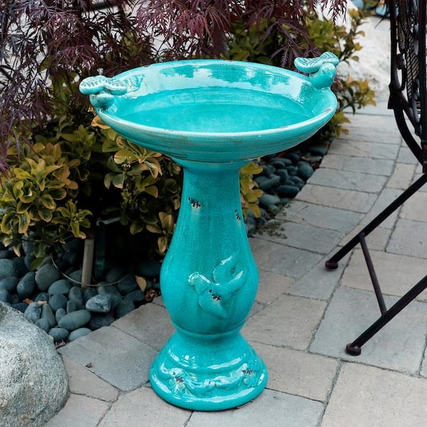24 in. Tall Outdoor Ceramic Antique Pedestal Birdbath with 2 Bird Figurines, Turquoise