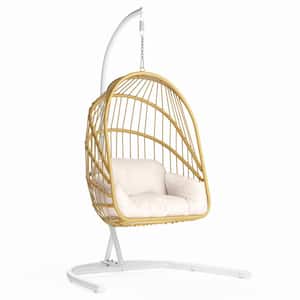 76 in. Yellow Wicker Patio Swing Chair with Beige Cushion and Stand