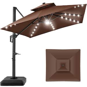 10 ft. Solar LED 2-Tier Square Cantilever Patio Umbrella with Base Included in Brown