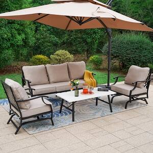 Metal 5 Seat 4-Piece Steel Outdoor Patio Conversation Set With Rocking Chairs,Beige Cushions and Marble Pattern Table