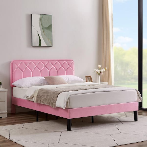 VECELO Bed Frame with Upholstered Headboard, Pink Metal