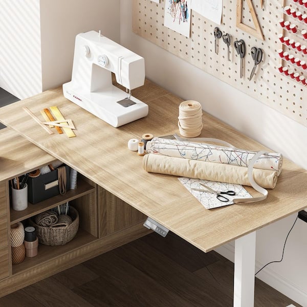 FUFU&GAGA 63 in. L-Shaped Oak Wood 3-Drawer Adjustable Height