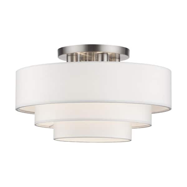 Livex Lighting Manorwood 4-Light Brushed Nickel Semi Flush Mount with Off-White Fabric Shade