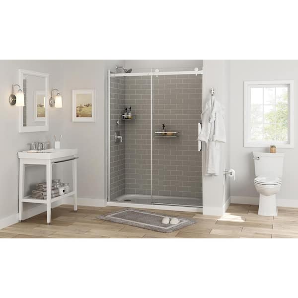 Passage 60 in. x 72 in. 3-Piece Glue-Up Alcove Shower Wall, Door and Base Kit with Left Hand Drain in Gray Subway Tile