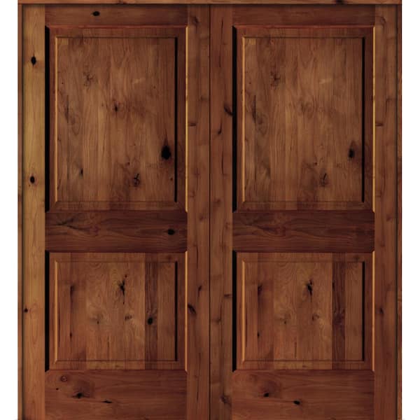 60 in. x 80 in. Rustic Knotty Alder 2-Panel Universal/Reversible Red Chestnut Stain Wood Double Prehung Interior Door