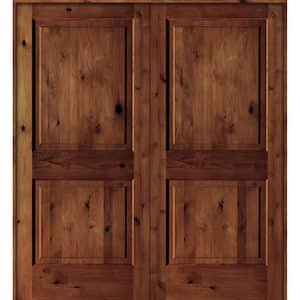 64 in. x 80 in. Rustic Knotty Alder 2-Panel Universal/Reversible Red Chestnut Stain Wood Double Prehung Interior Door