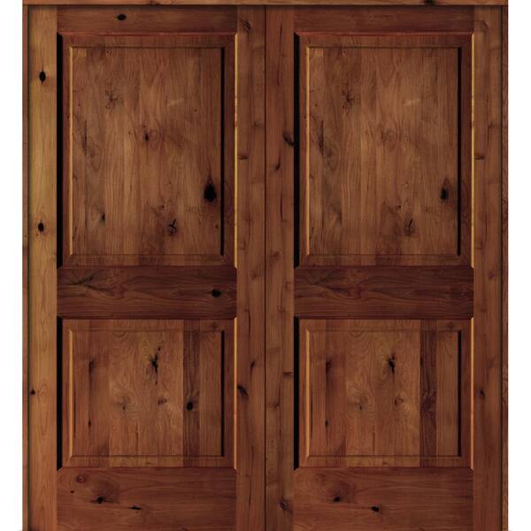 Krosswood Doors 64 in. x 80 in. Rustic Knotty Alder 2-Panel Universal/Reversible Red Chestnut Stain Wood Double Prehung Interior Door