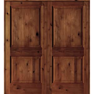 72 in. x 80 in. Rustic Knotty Alder 2-Panel Universal/Reversible Red Chestnut Stain Wood Double Prehung Interior Door
