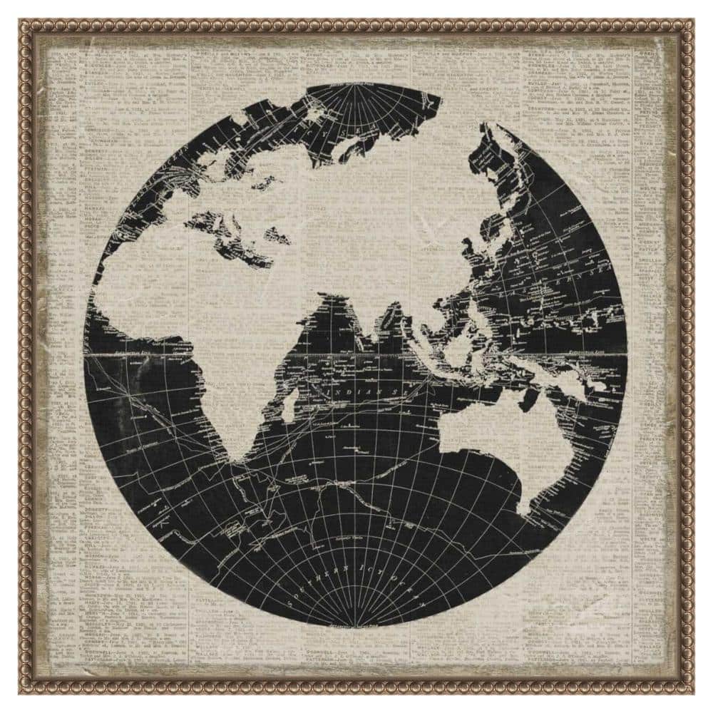 World News Map II Navy Canvas Print with Bronze Frame