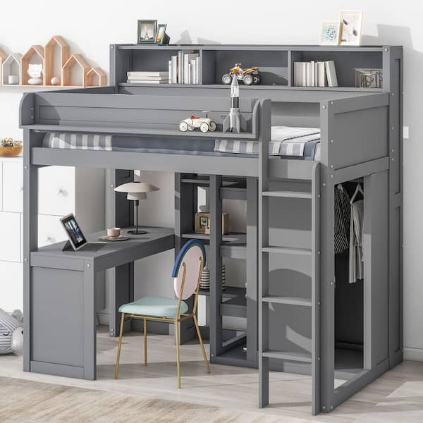 Polibi Wood Twin Size Loft bed with Multiple Storage Shelves and Wardrobe, Gray