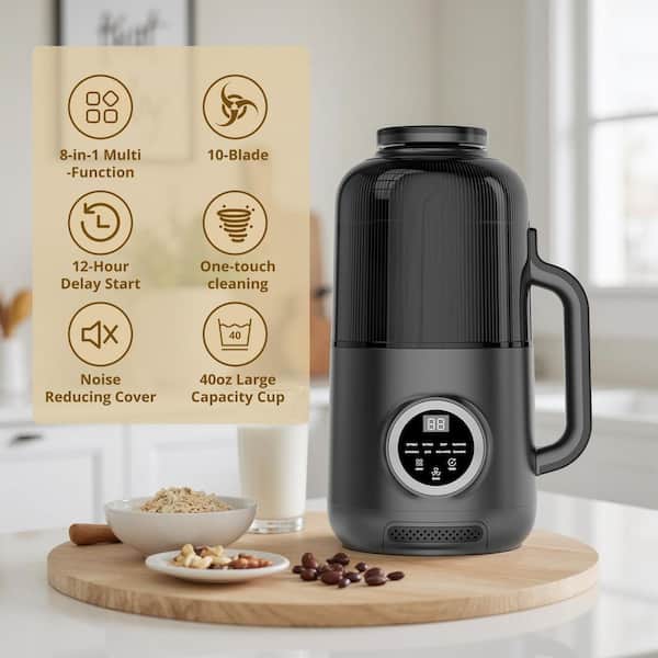 800 W 40 oz. Stainless Steel Black Soy Milk Makers with Adjustable Speed Control Keep Warm Setting Self Cleaning