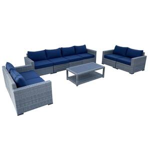 Urban Oasis 9-Piece Wicker Rattan Outdoor Sectional Set with Blue Cushions and Coffee Table