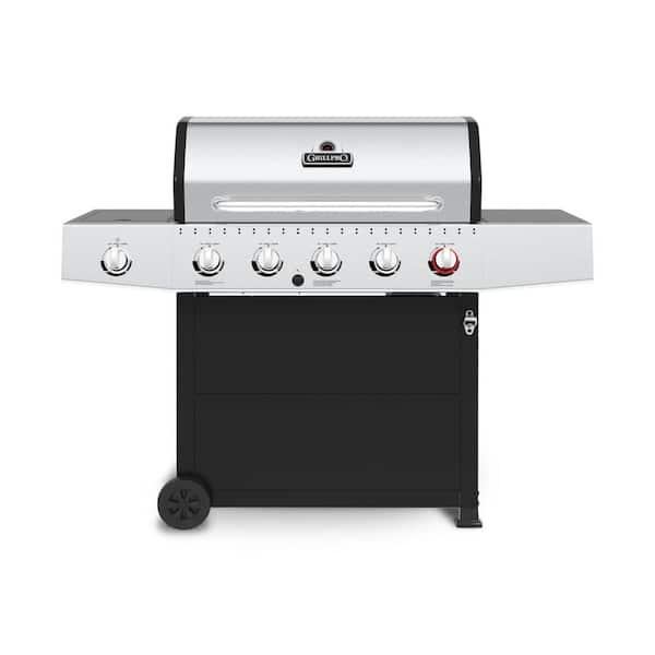 GrillPro 5-Burner Propane Gas Grill Cart in Stainless Steel and Black with Side Burner