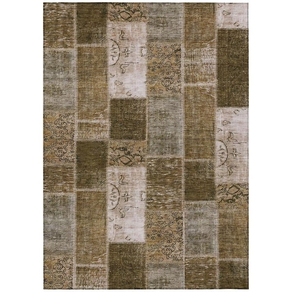 Brown, Ivory 10 ft. x 14 ft. Woven Plaid Polyester Rectangle Indoor/Outdoor Area Rug