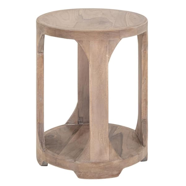 Benjara Eray 17.75 in. Light Brown Teak Round Mango Wood Side Table with Shelf