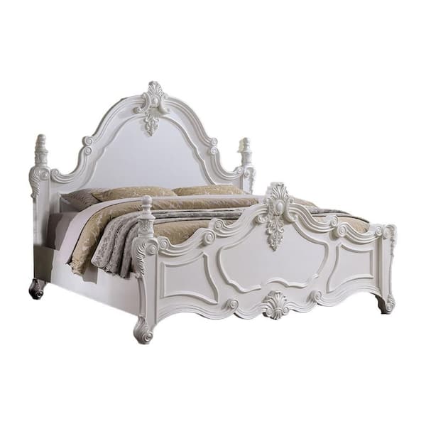 Frank White Wood Frame Queen Size Panel Bed with Carved Details and Finial Posts
