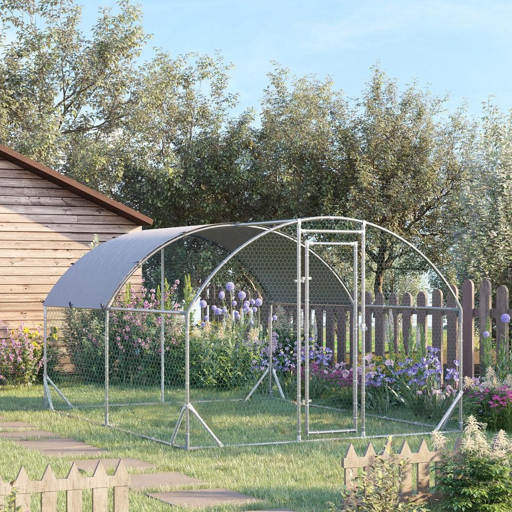 Large Silver Metal Walk-In Chicken Coop with UV Resistant Cover