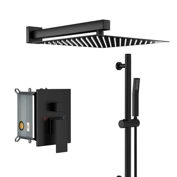 Flynama 2-Spray Wall Mount 12 in.Rain Shower Head Systems with 26.18 in Adjustable Angle Slide Bar in Matte Black
