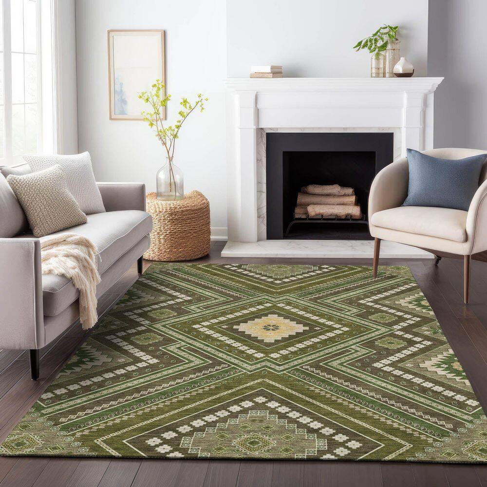 Olive and Beige Synthetic Washable Rectangular Rug