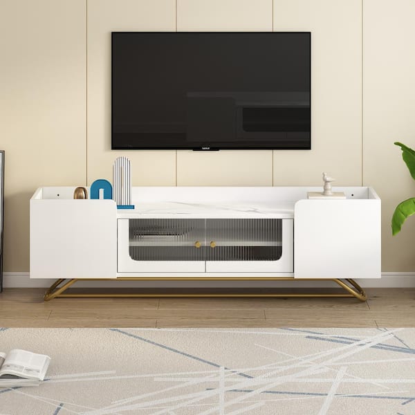 Polibi Modern White TV Stand Fits TV's up to 70 in. with Fluted Glass, Gold Frame Base