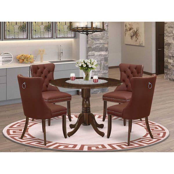 East West Furniture 5-Piece Round Antique Walnut Finish Solid Wood Top Dining Table with 4 Parson Chair with Drop Leaf Lattice Back