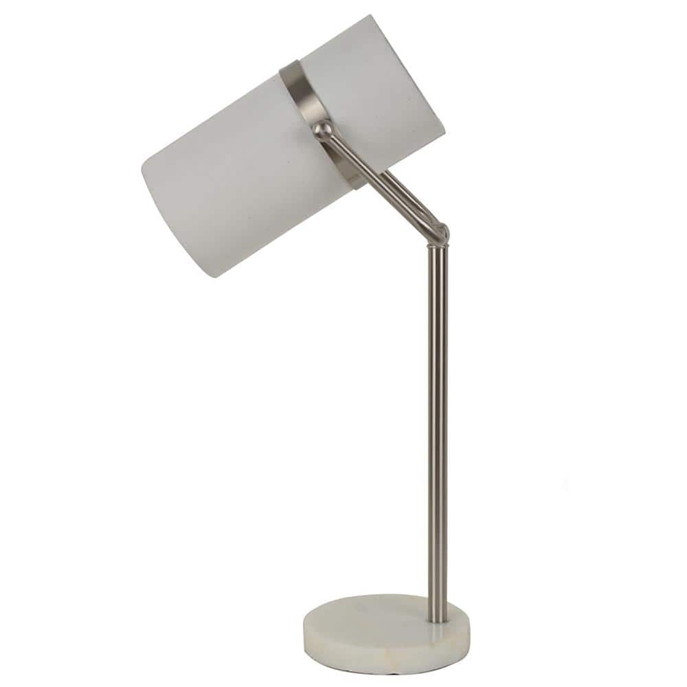 24 in. Brushed Steel and White Marble Decorative Table Lamp with White Fabr