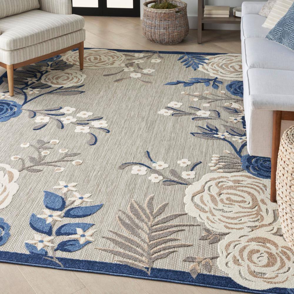 Aloha Blue/Grey Floral Power-Loomed Outdoor Rug 6' x 9'