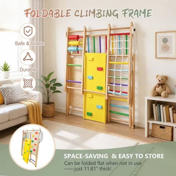 9-in-1 Indoor Jungle Gym,Foldable Wooden Climbing Set with Swing
