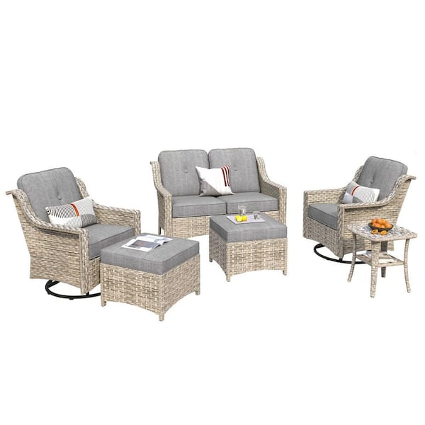 Palffy Gray 6-Piece Wicker Patio Conversation Seating Set with Dark Gray Cushions and Swivel Rocking Chairs