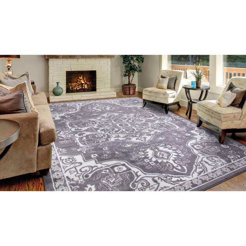 Gray Rectangular Medallion Synthetic Easy Care Area Rug