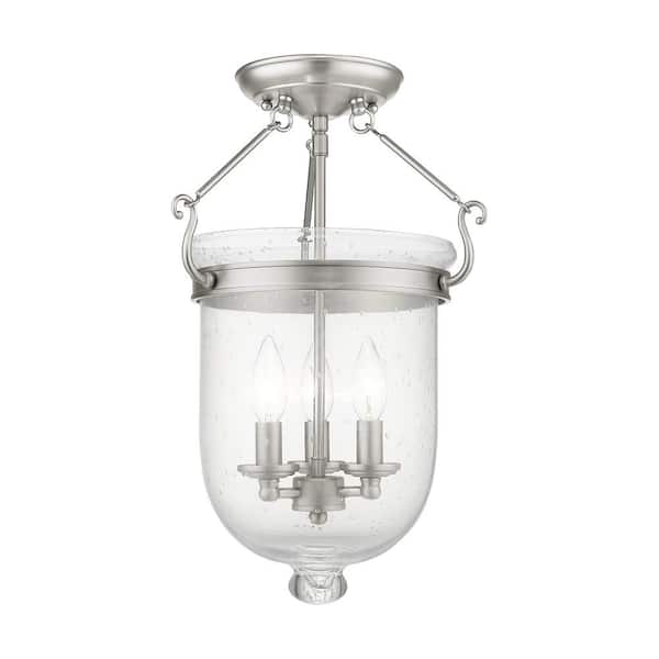 Livex Lighting Jefferson 12 in. 3-Light Brushed Nickel Traditional Flush Mount with Seeded Glass Shade and No Bulbs Included