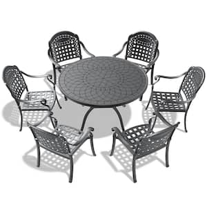 7-Piece Set Of Cast Aluminum Outdoor Bistro Set Patio Table Set with Random Colors Cushion and Umbrella Hole in Black