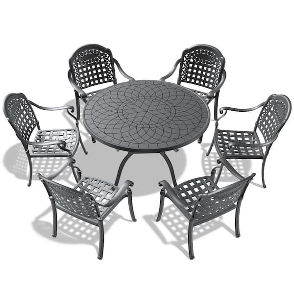 Cesicia 7-Piece Set Of Cast Aluminum Outdoor Bistro Set Patio Table Set with Random Colors Cushion and Umbrella Hole in Black