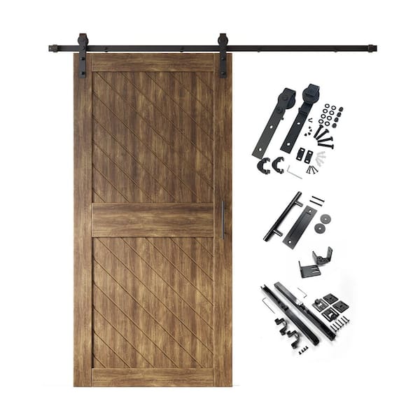 HOMACER XT2 36 in. x 84 in. C-Panel Dark Walnut Slanted Stripe Design Solid Pine Wood Sliding Barn Door with Hardware Kit