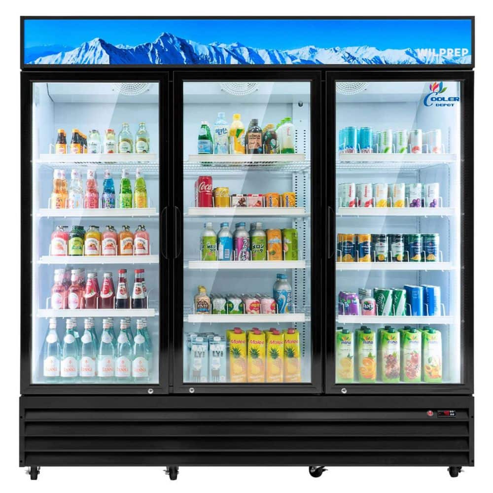 78 in. 72 cu. ft. Commercial 3-Glass Door Merchandiser Refrigerator in Black with LED Lighting