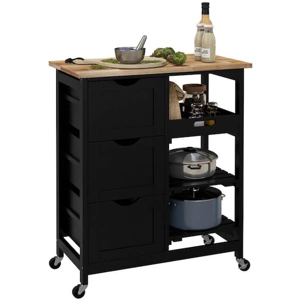 Black with wood top Kitchen Cart with Butcher Block;Cutting Board;Drawers;Locking Casters;Shelf;Wheels