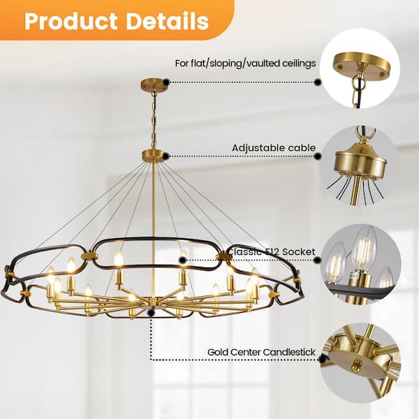 60-Watt 12 Light Black and Gold Pendant Living Room Dimmable Candle Style Wagon Wheel Chandelier, No Bulbs Included