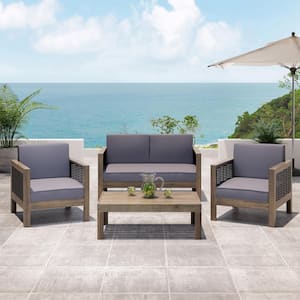 Linwood Grey 4-Piece Wood Outdoor Patio Conversation Set with Dark Grey Cushion and Mixed Grey Faux Wicker Accents