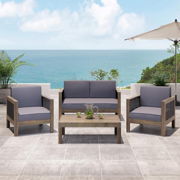 Noble House Linwood Grey 4-Piece Wood Patio Conversation Set with Dark Grey Cushion and Mixed Grey Faux Wicker Accents